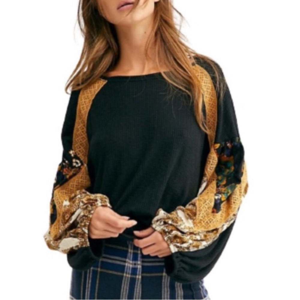 Free People Black and Mustard Long Sleeve Mixed-Print Tee